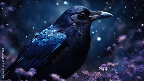 closeup of a dark raven with floral background created using generative AI tools © Salander Studio