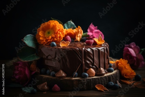 A chocolate cake and chocolates with flowers on dark background. Generative AI