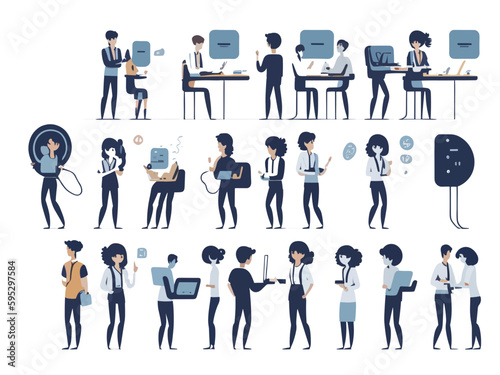 Image illustration material of a call center that supports customers on white background