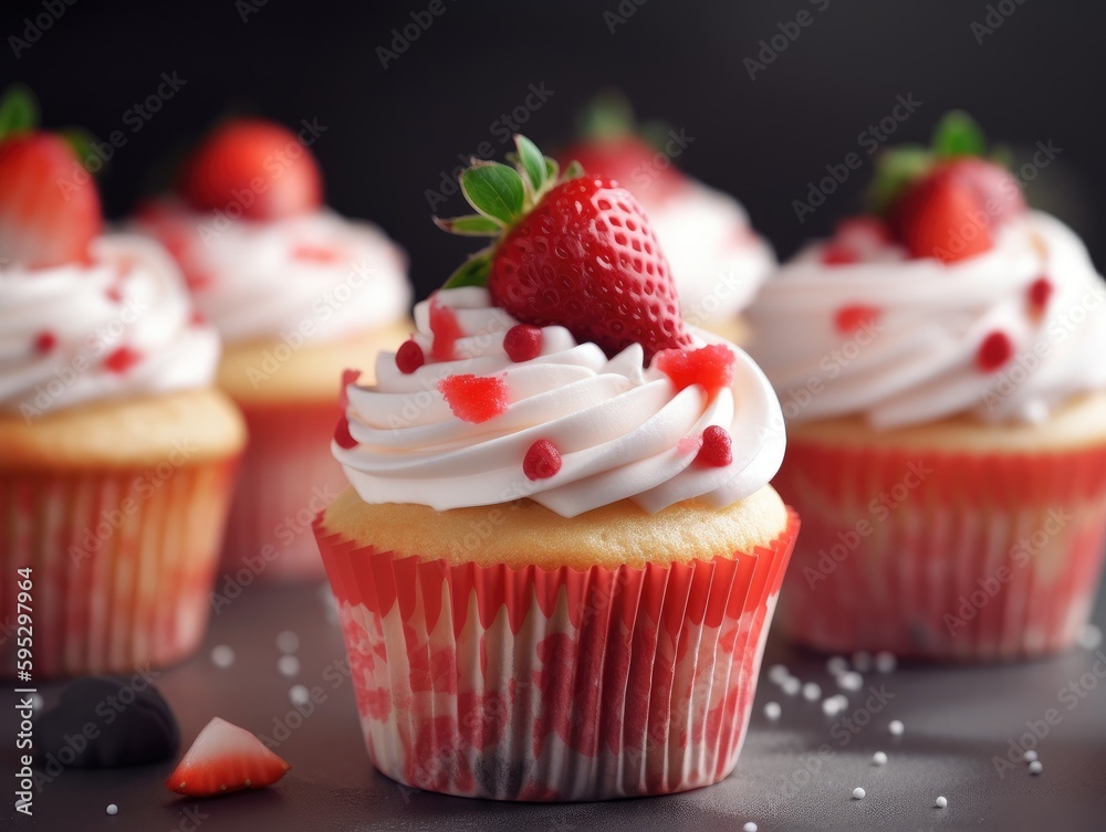 Homemade pink sweet cupcake with strawberries. Generative AI