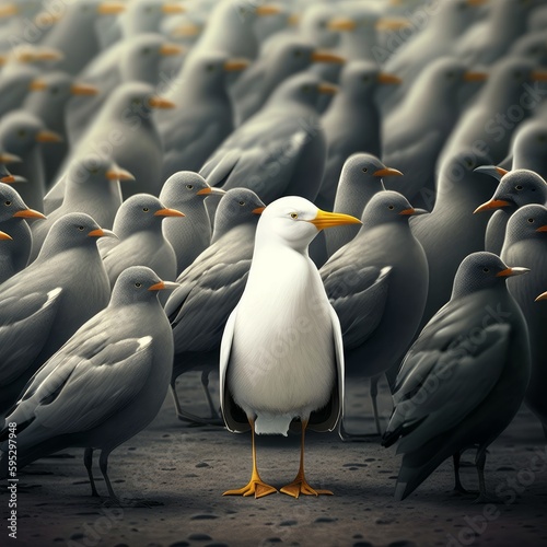 Standing out from the crowd , white bird standing between man gray birds. Generative AI photo