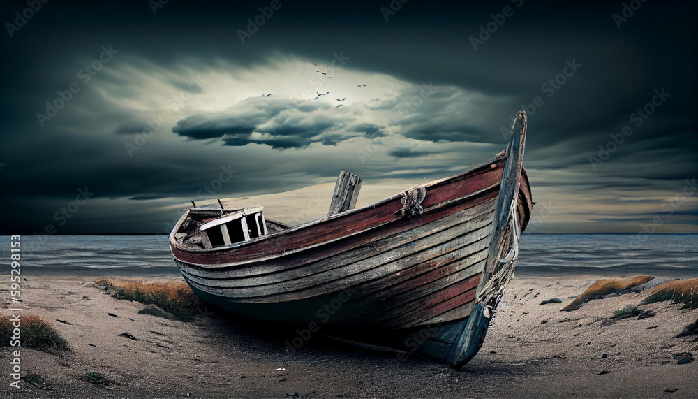An abandoned boat on the shore under the sky of sunrise. Broken vessel near the beach. Sunset sky in the wild nature.