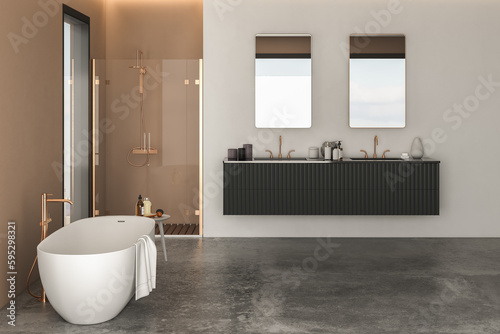 Modern bathroom with luxurious cabinet  white bathtub  shower cabin  window  and concrete floor  featuring beige and white walls for a sleek and sophisticated look.3d rendering