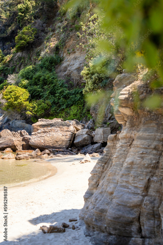 Rocky beach coastline in Thasos, Greece. Backgound, copy space Rocky beach coastline in Thasos, Greece. Backgound, copy space