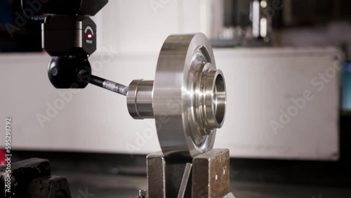 Close up of coordinate measurement machine CMM for high precision part inspection during production