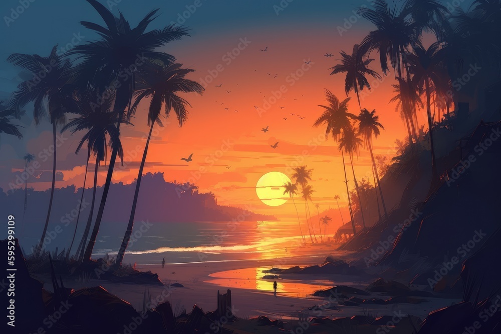 Beach palm tree sunset. Generate Ai