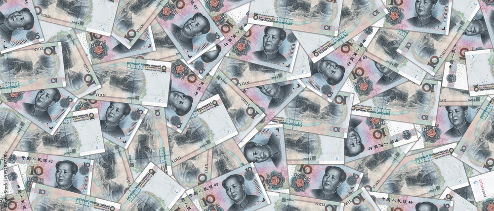 Financial illustration. Wide seamless pattern. Randomly scattered Chinese paper banknotes, denomination of 10 yuan. - obrazy, fototapety, plakaty 