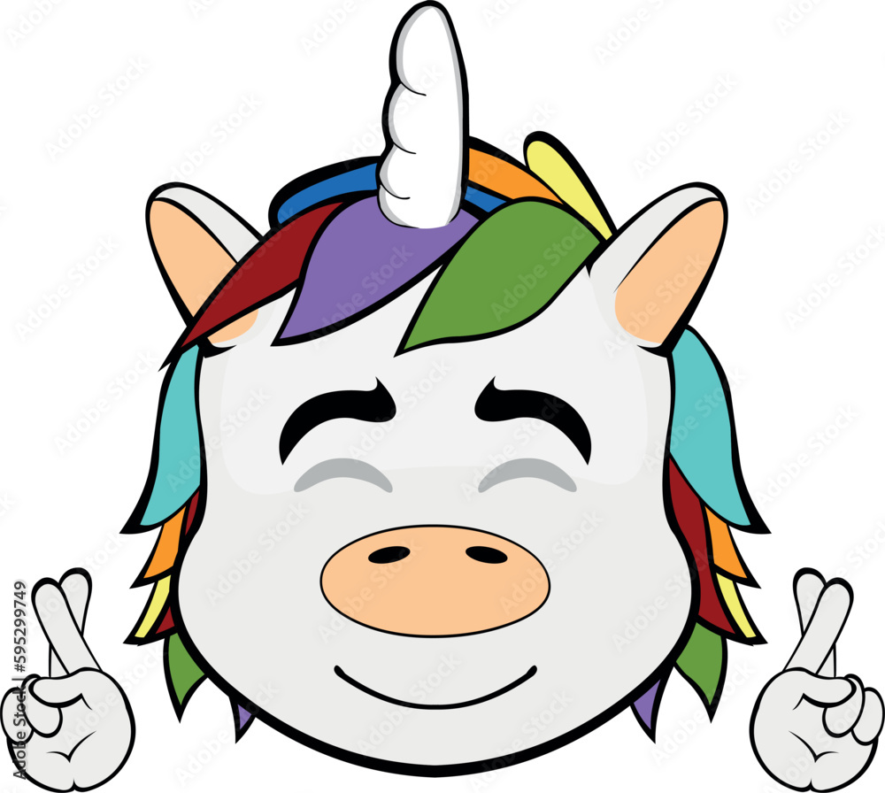 vector illustration face unicorn cartoon crossing the fingers of the hands, asking for a wish or good luck