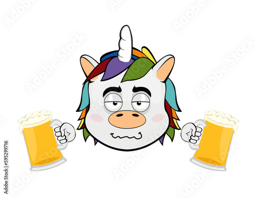 vector illustration face of a drunk cartoon unicorn with beers in his hands