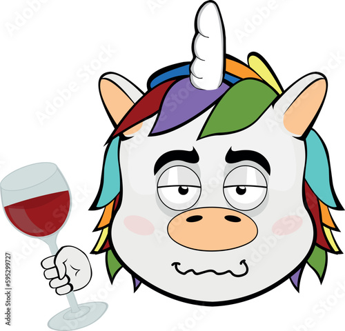 vector illustration face a drunk cartoon unicorn with a glass of wine in hand