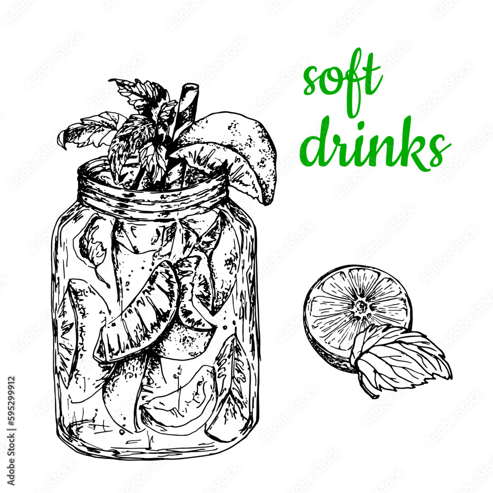 Refreshing orange and peach drink with mint leaves.Vector stock