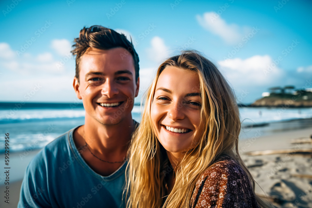 Obraz premium Smiling young couple on the beach in a windy day. Created with Generative AI technology.