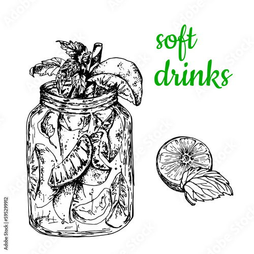 Refreshing orange and peach drink with mint leaves.Vector stock illustration.Soft drinks. Hand drawing. Black and white sketch isolated on white. For bars, cafes, menus, labels and healthy drinks desi