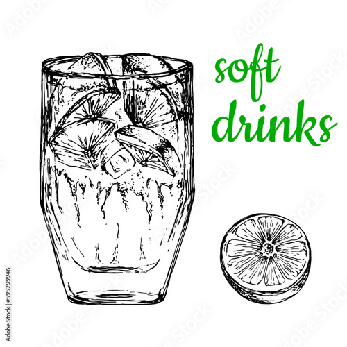 Refreshing drink with lime slices and ice. Lemonade in a glass. Vector illustration . Hand drawing. Black and white sketch isolated on white background. For bars, cafes, menus, glass of water with ice