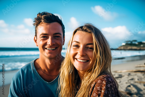 Smiling young couple on the beach in a windy day. Created with Generative AI technology.