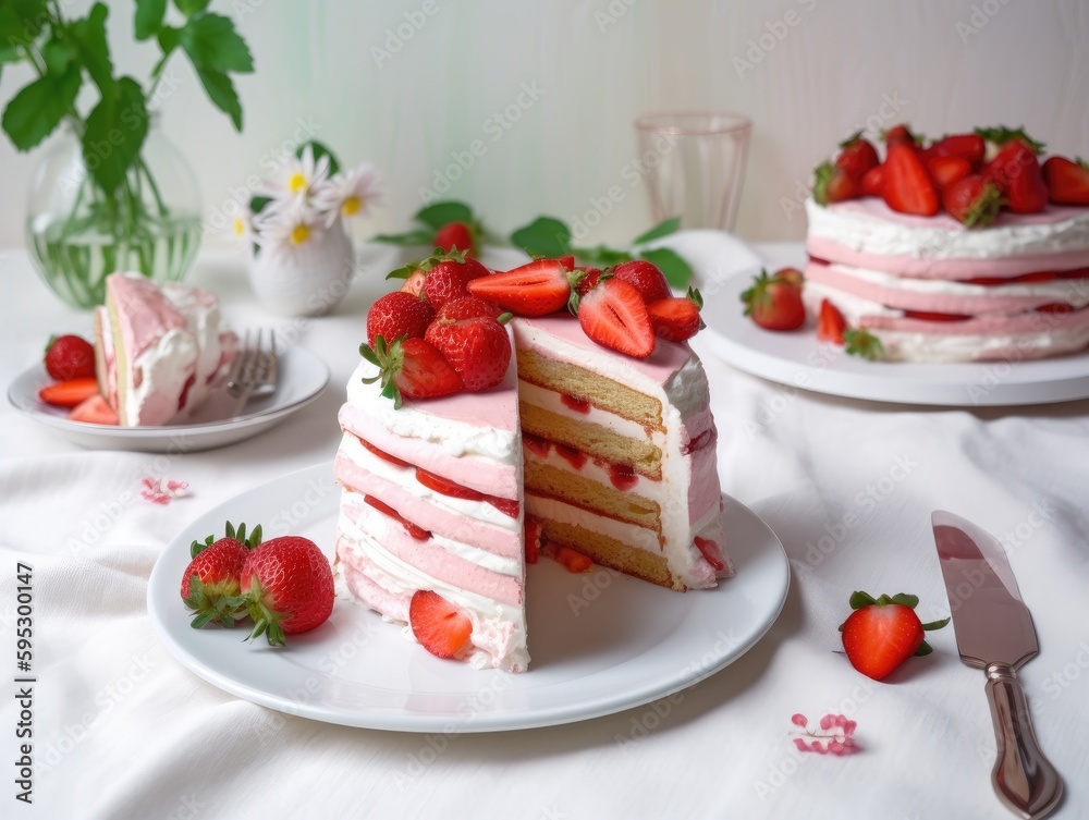 Strawberry sponge cake with fresh strawberries. Generative AI Strawberry sponge cake with fresh strawberries. Generative AI