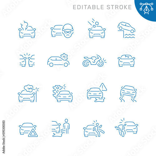 Vector line set of icons related with car accident. Contains monochrome icons like car, collision, crash, auto, accident and more. Simple outline sign. Editable stroke.