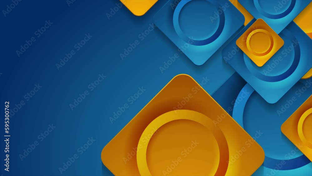Blue orange geometric tech background with glossy circles and squares ...