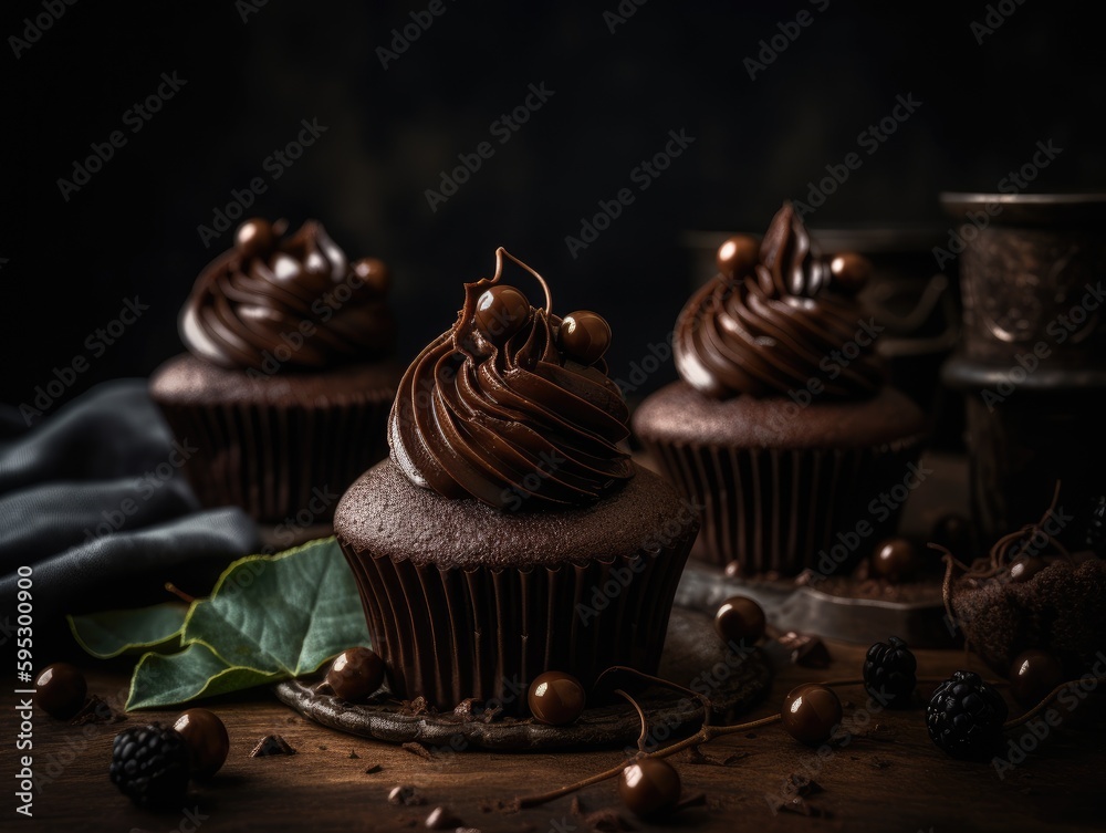 chocolate cupcake on dark wooden background. Generative AI chocolate cupcake on dark wooden background. Generative AI
