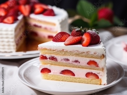 Strawberry sponge cake with fresh strawberries. Generative AI