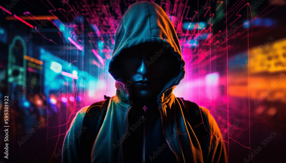Hooded thief illuminated by city's lights generated by AI Hooded thief illuminated by city's lights generated by AI
