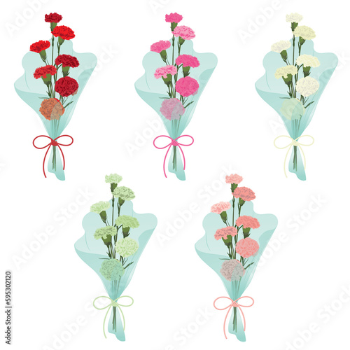カーネーションの花束５色セット　母の日イラスト
