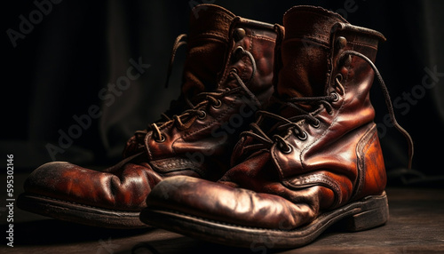 Old Army boots lace up, leather rough generated by AI