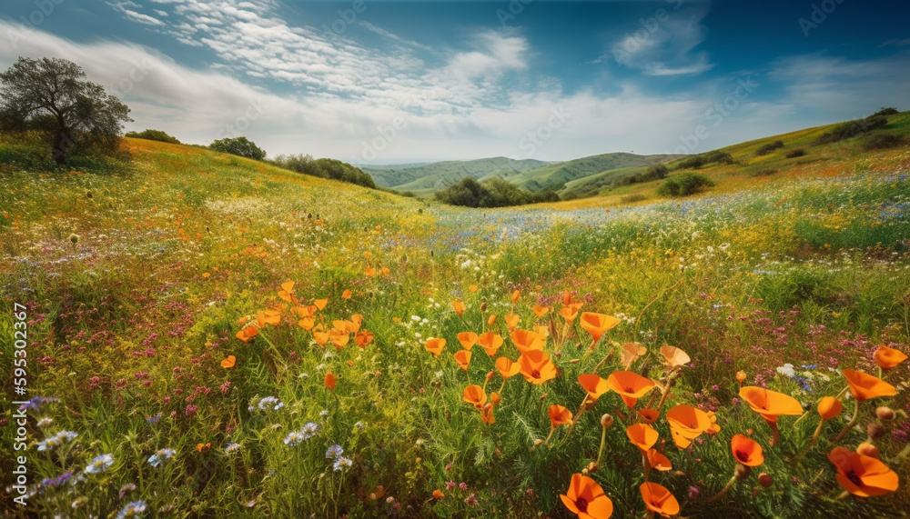 Vibrant wildflowers adorn tranquil meadow at sunset generated by AI