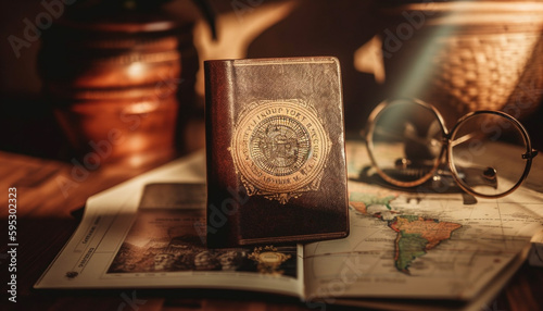 Antique book on wooden desk with magnifying glass generated by AI