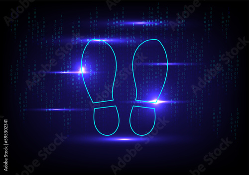 Digital footprint concept. The footprint with binary number background. Computer identity, digital sign, biometric information protection, and source code. ...