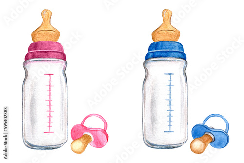 Bottle and pacifier pink, blue. Milk infant formula. Newborn boy, girl. Hand drawn watercolor illustration isolated on white background. For baby shower, gender party, kids design