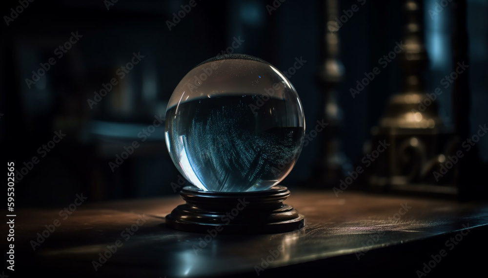 Shiny crystal ball on blue table reflects nature generated by AI Shiny crystal ball on blue table reflects nature generated by AI