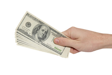 Hand with money cash american dollars in PNG isolated on transparent background