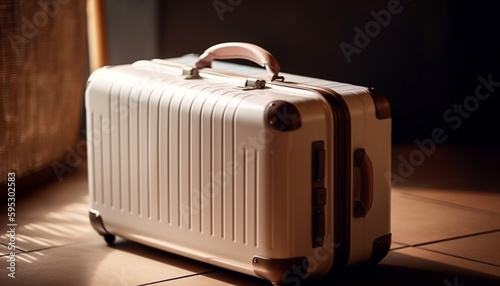 Vintage leather suitcase awaits adventure on road trip generated by AI