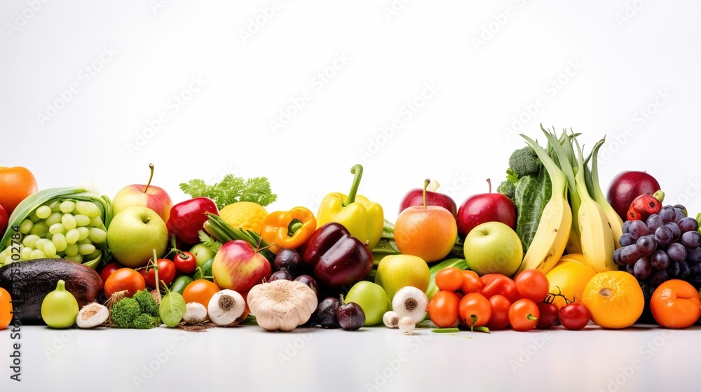 Fresh Healthy Fruits and Vegetables Framing a Border with a Natural Light-colored White Background. With Licensed Generative AI Technology Assistance.