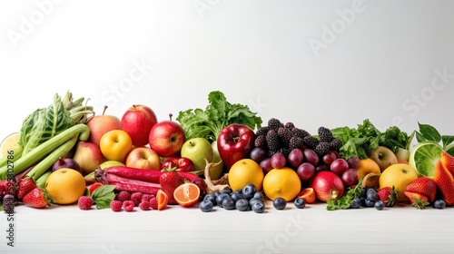 Fresh Healthy Fruits and Vegetables Framing a Border with a Natural Light-colored White Background. With Licensed Generative AI Technology Assistance.