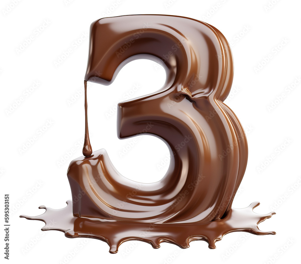 Melting number 3 made of chocolate cutout. Generative AI illustration Melting number 3 made of chocolate cutout. Generative AI illustration