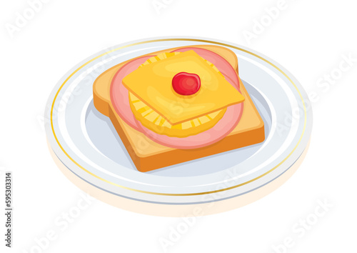 Toast Hawaii with pineapple, ham, cheese and maraschino cherry icon vector. Hawaiian toast on a plate icon vector isolated on a white background. Toasted bread sandwich illustration