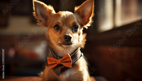 Cute purebred puppy wearing bow tie sitting indoors generated by AI © Jeronimo Ramos