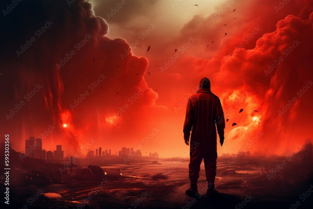 Fototapeta premium Man apocalypse city. Generate Ai