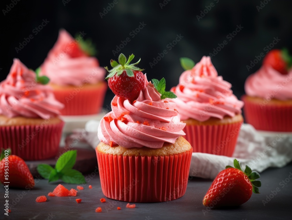 Homemade pink sweet cupcake with strawberries. Generative AI Homemade pink sweet cupcake with strawberries. Generative AI