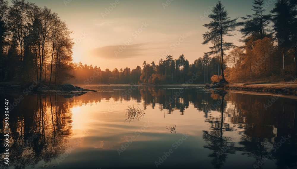 Tranquil scene of sunlit pond in autumn generated by AI