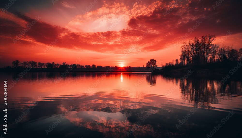 Vibrant sunset reflects in tranquil water scene generated by AI