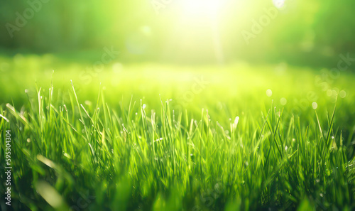 Lush grass blades lit with warm sunlight, lawn closeup. Generative AI realistic illustration