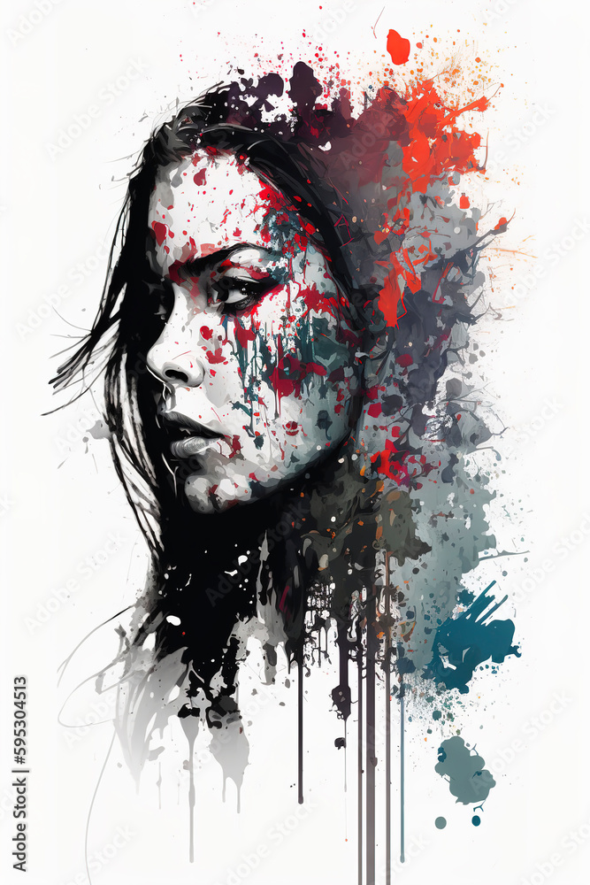 Fototapeta premium Portrait of beautiful young woman, watercolor illustration of young woman, modern art, portrait of young female model, abstract woman face, generative ai