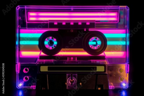 Music cassette neon light. Generate Ai