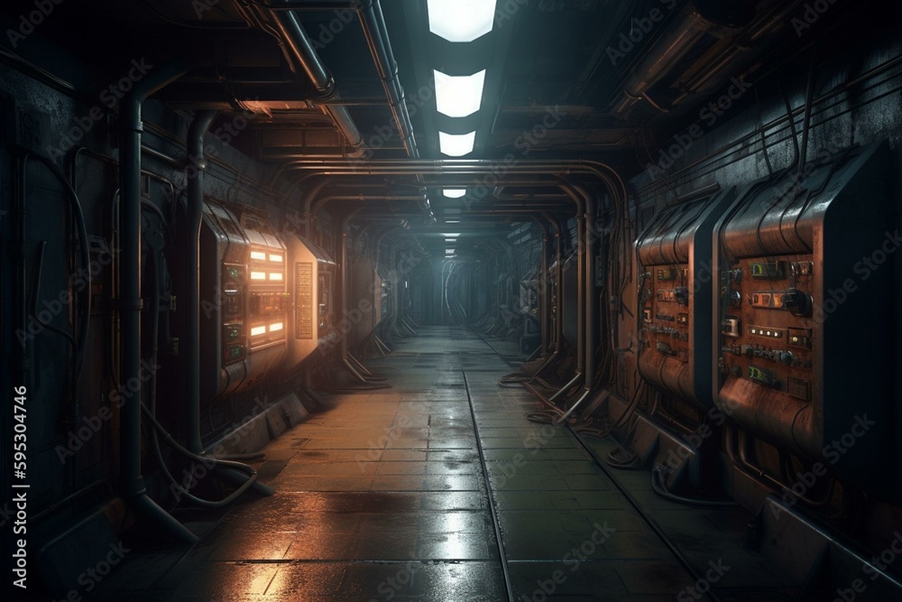 Sci-fi industrial basement corridor. 3D rendering for wallpaper. Generative AI