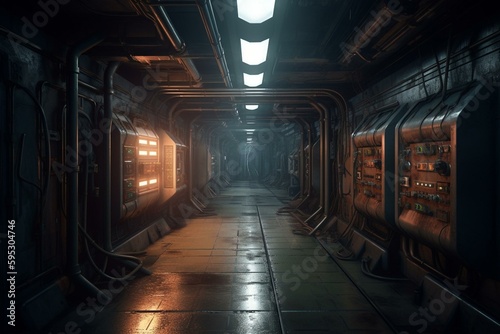 Sci-fi industrial basement corridor. 3D rendering for wallpaper. Generative AI