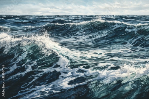 watercolor painting of blue ocean waves. Generative AI