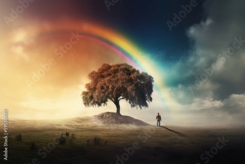 Rainbow naturen near tree. Generate Ai photo
